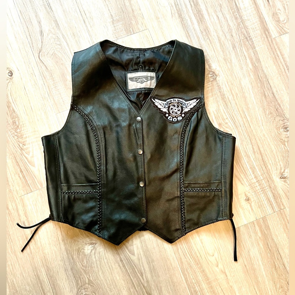 Men’s Dream Apparel Black Leather Motorcycle Biker Vest Patch -Size XL